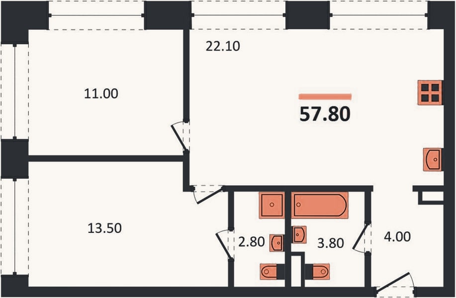 Планировка: 2-к, 57,8 м²