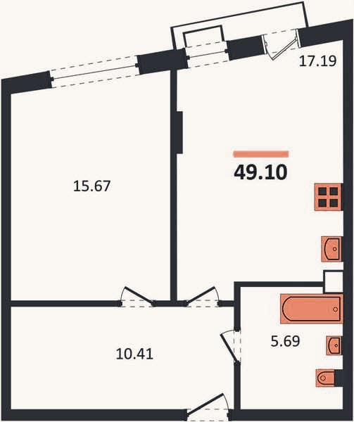 Планировка: 1-к, 49,1 м²