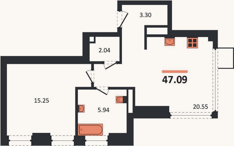 Планировка: 1-к, 47,1 м²