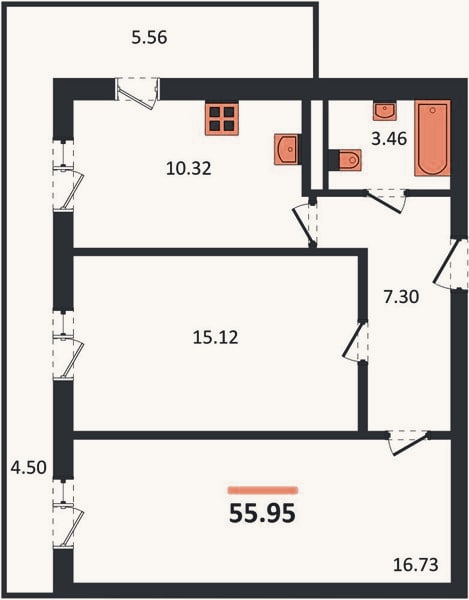 Планировка: 2-к, 56 м²
