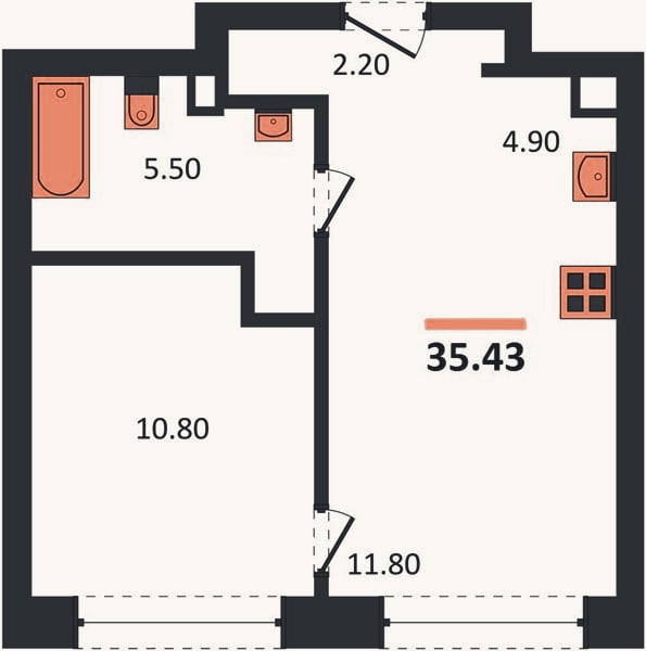 Планировка: 1-к, 34,9 м²