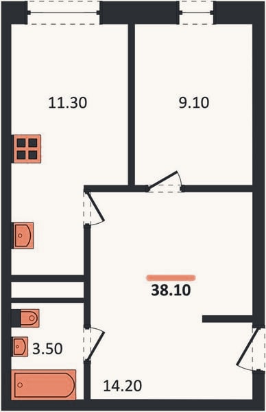 Планировка: 1-к, 38,1 м²