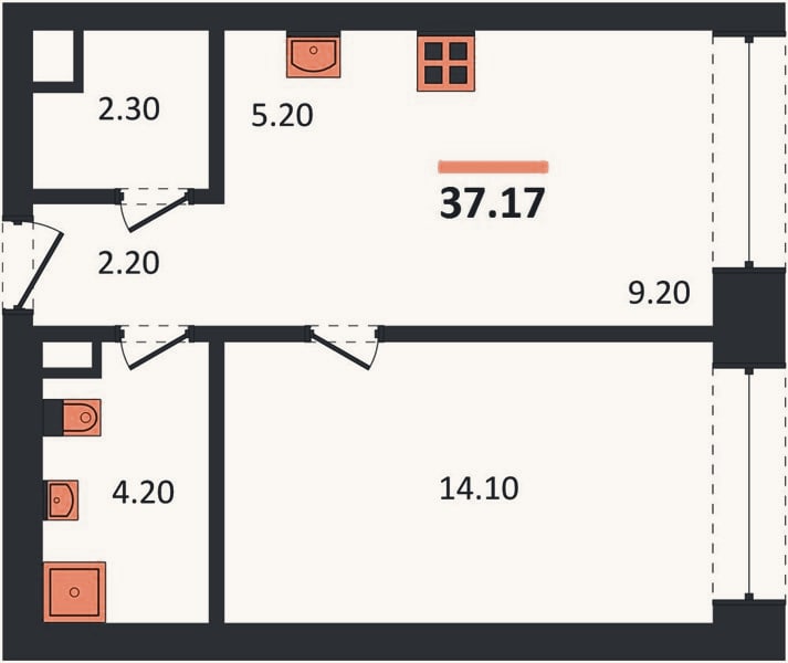 Планировка: 1-к, 37,2 м²