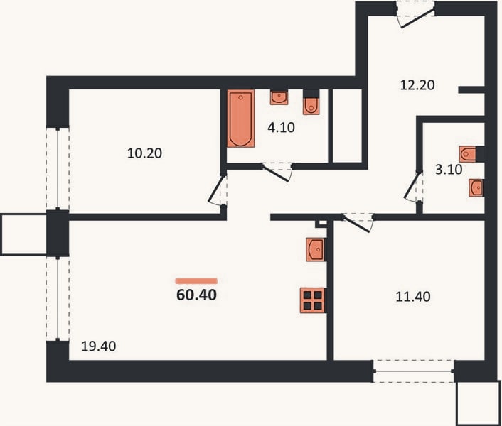 Планировка: 2-к, 60,4 м²