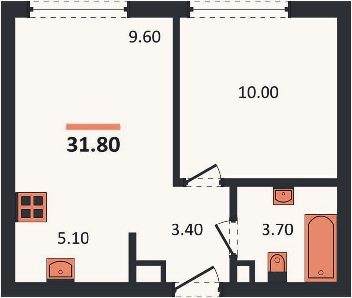 Планировка: 1-к, 31,8 м²