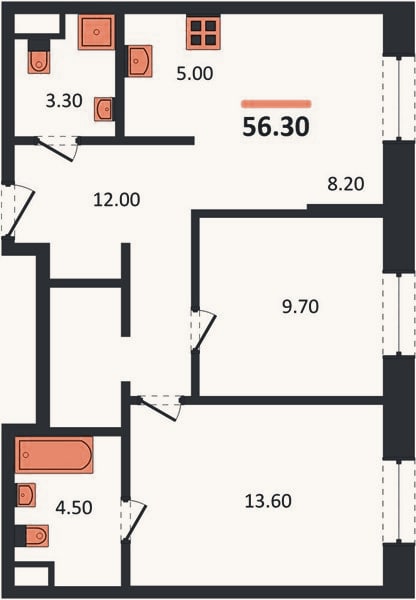 Планировка: 2-к, 56,3 м²