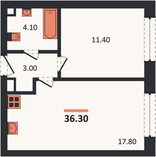 Планировка: 1-к, 36,3 м²