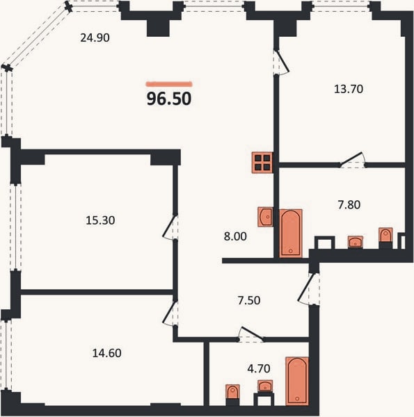 Планировка: 3-к, 96,5 м²
