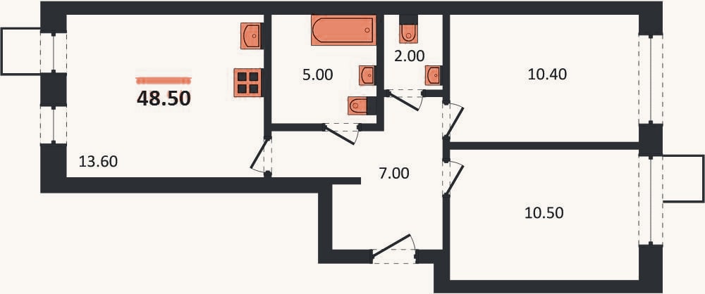 Планировка: 2-к, 48,5 м²