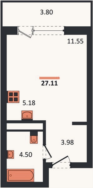 Планировка: Студия, 27,1 м²