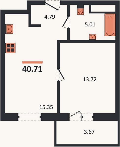 Планировка: 1-к, 40,7 м²