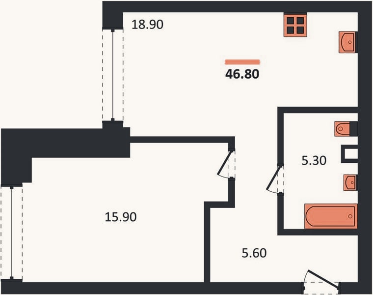 Планировка: 1-к, 46,8 м²