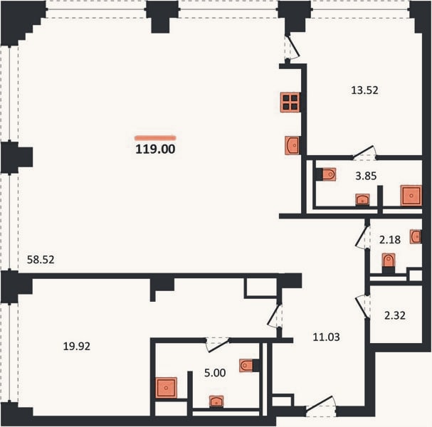 Планировка: 2-к, 119 м²