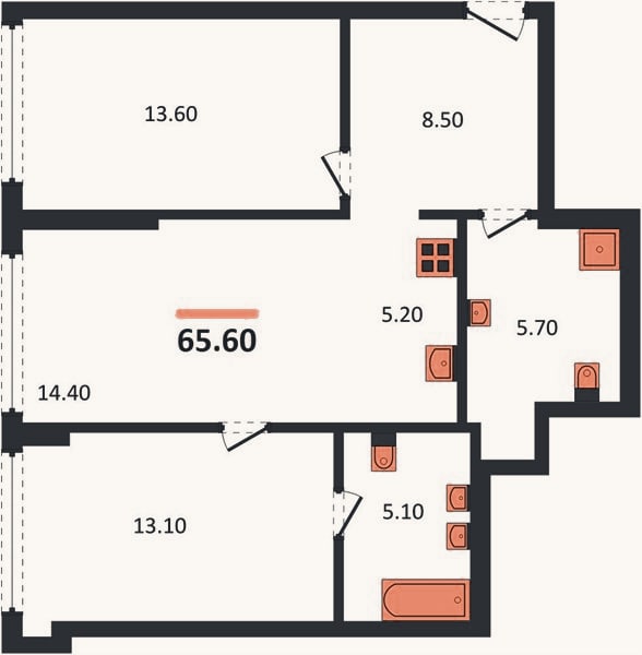 Планировка: 2-к, 65,6 м²