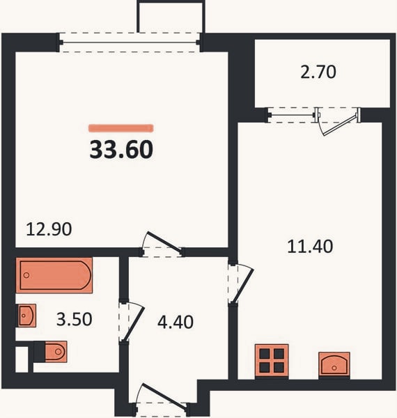 Планировка: 1-к, 33,6 м²