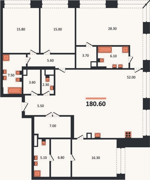 Планировка: 4+ к, 180,6 м²