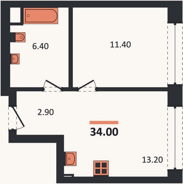 Планировка: 1-к, 34 м²