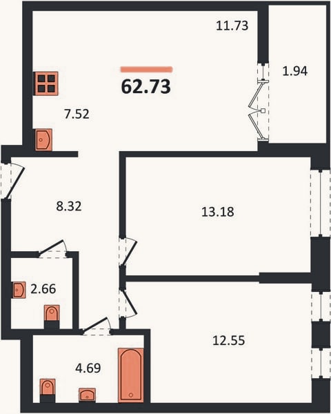 Планировка: 2-к, 62,7 м²