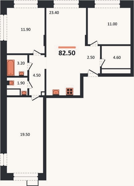 Планировка: 3-к, 82,5 м²