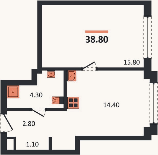 Планировка: 1-к, 38,8 м²