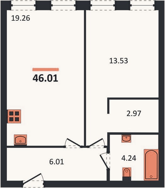 Планировка: 1-к, 46 м²