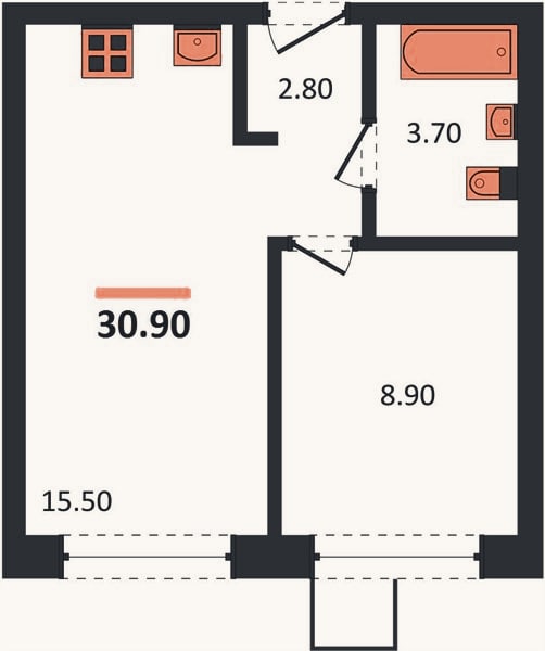 Планировка: 1-к, 30,9 м²