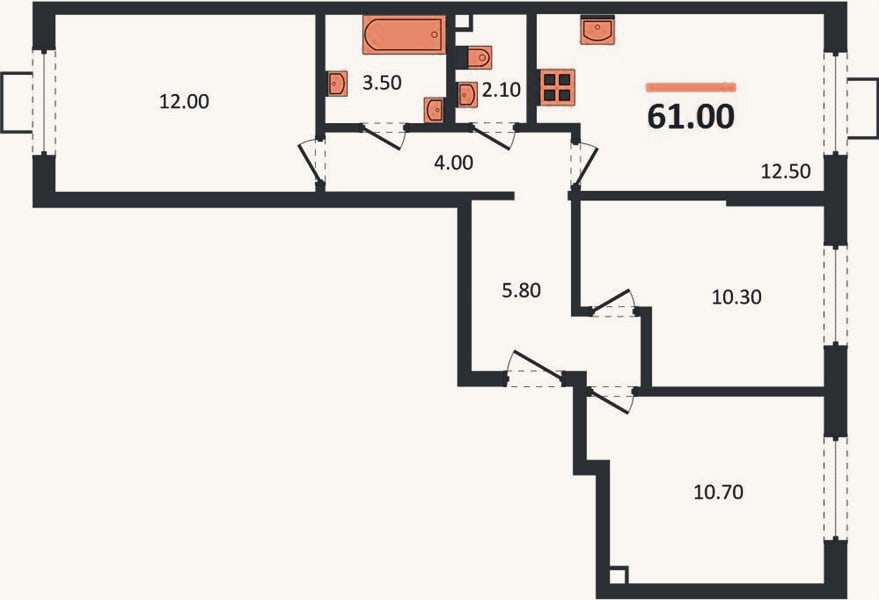 Планировка: 3-к, 61 м²