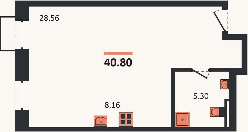 Планировка: Студия, 40,8 м²
