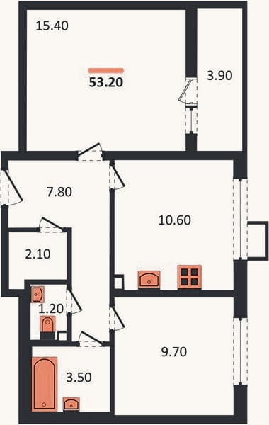 Планировка: 2-к, 53,2 м²