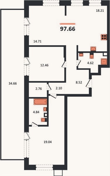 Планировка: 2-к, 97,7 м²