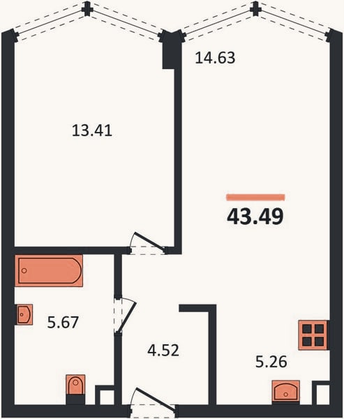 Планировка: 1-к, 43,5 м²