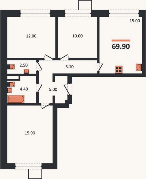 Планировка: 3-к, 69,9 м²
