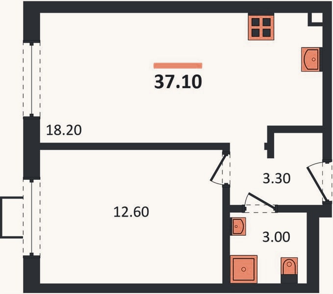 Планировка: 1-к, 37,1 м²
