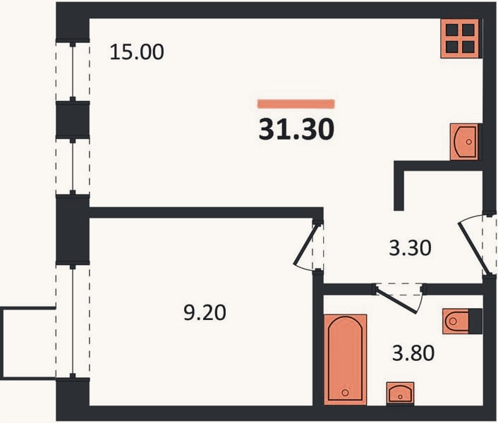 Планировка: 1-к, 31,7 м²