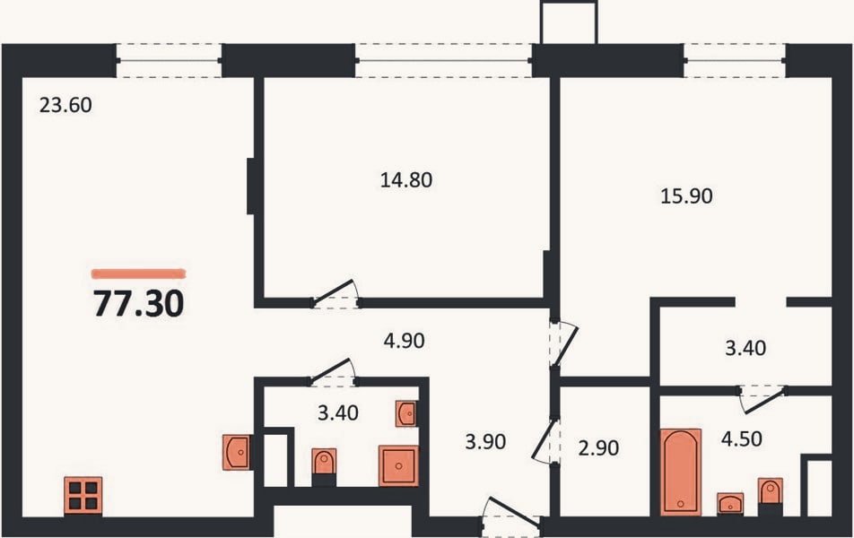 Планировка: 2-к, 77,3 м²