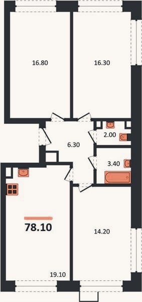 Планировка: 3-к, 78,1 м²