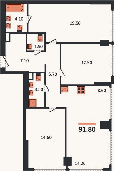 Планировка: 3-к, 91,8 м²