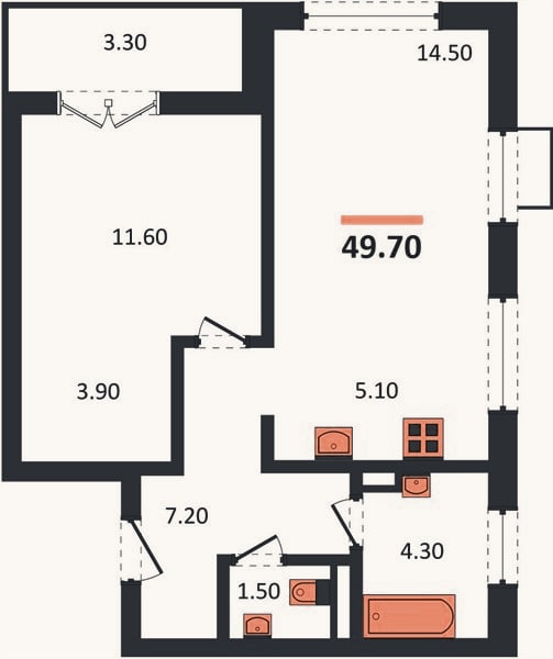 Планировка: 1-к, 49,7 м²