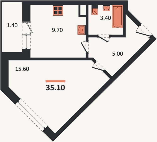 Планировка: 1-к, 35,1 м²