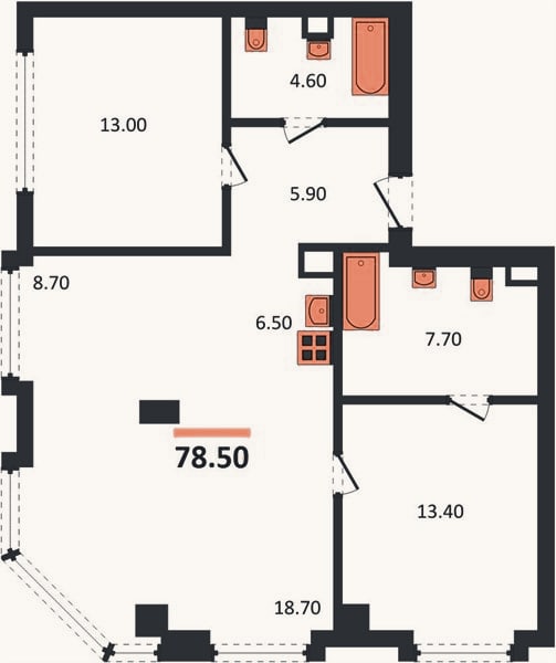 Планировка: 2-к, 78,5 м²