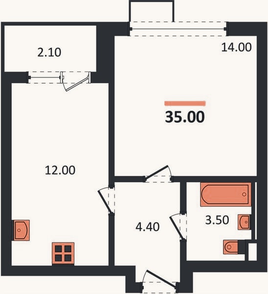 Планировка: 1-к, 35 м²