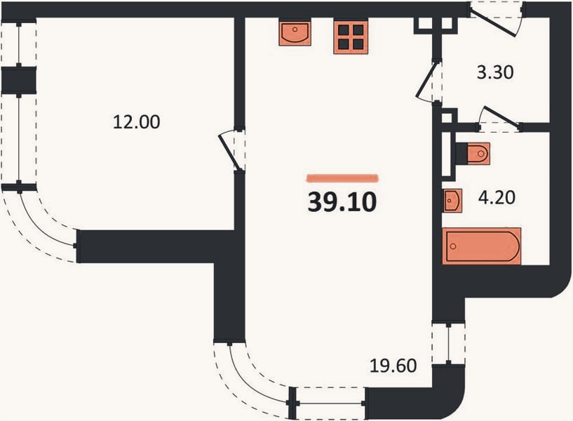 Планировка: 1-к, 39,1 м²