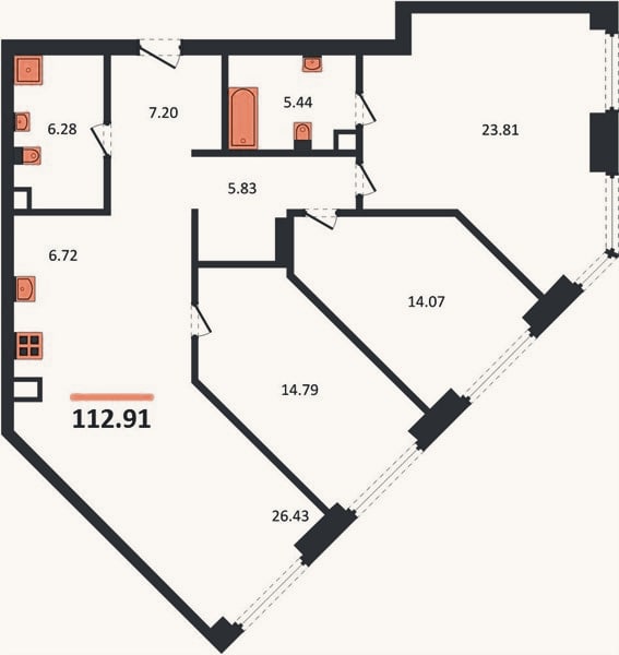 Планировка: 3-к, 112,9 м²