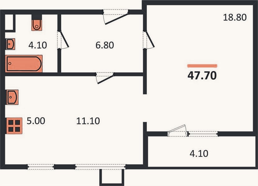Планировка: 1-к, 47,7 м²