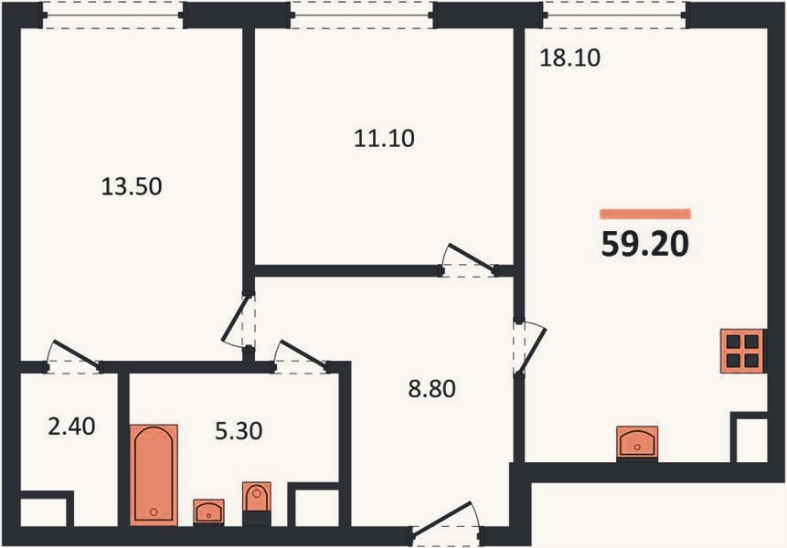 Планировка: 2-к, 59,1 м²
