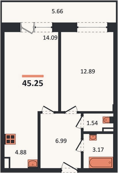 Планировка: 1-к, 43,6 м²