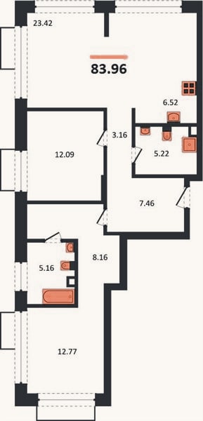 Планировка: 2-к, 84 м²