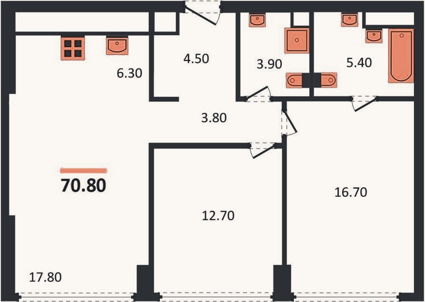 Планировка: 2-к, 70,8 м²