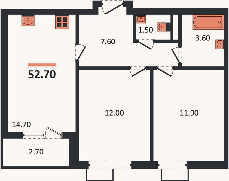 Планировка: 2-к, 52,7 м²