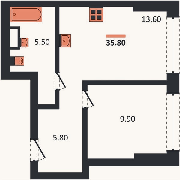 Планировка: 1-к, 35,8 м²